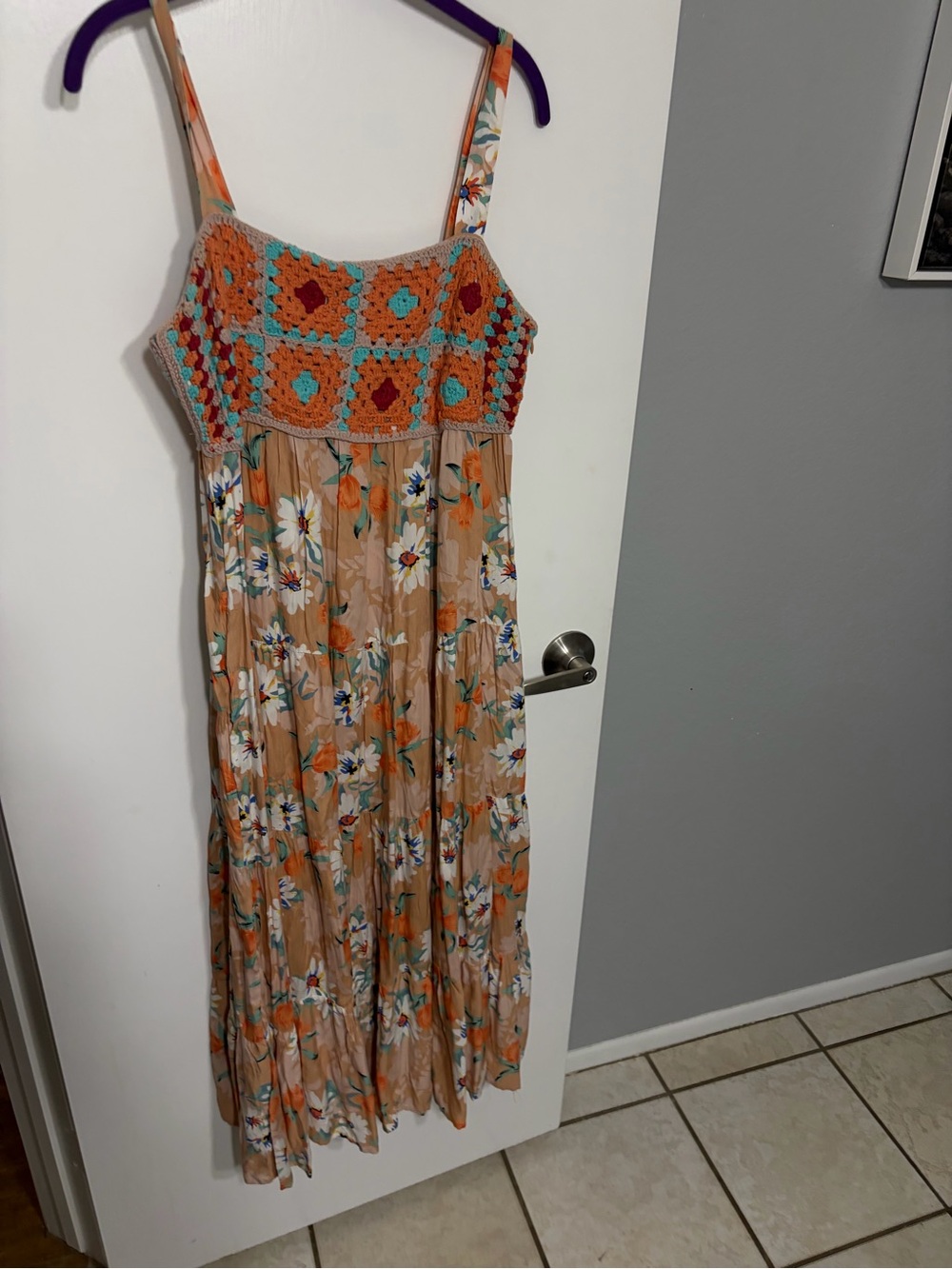 easel Floral Maxi Dress with Crochet Bodice - Beige Orange Turquoise